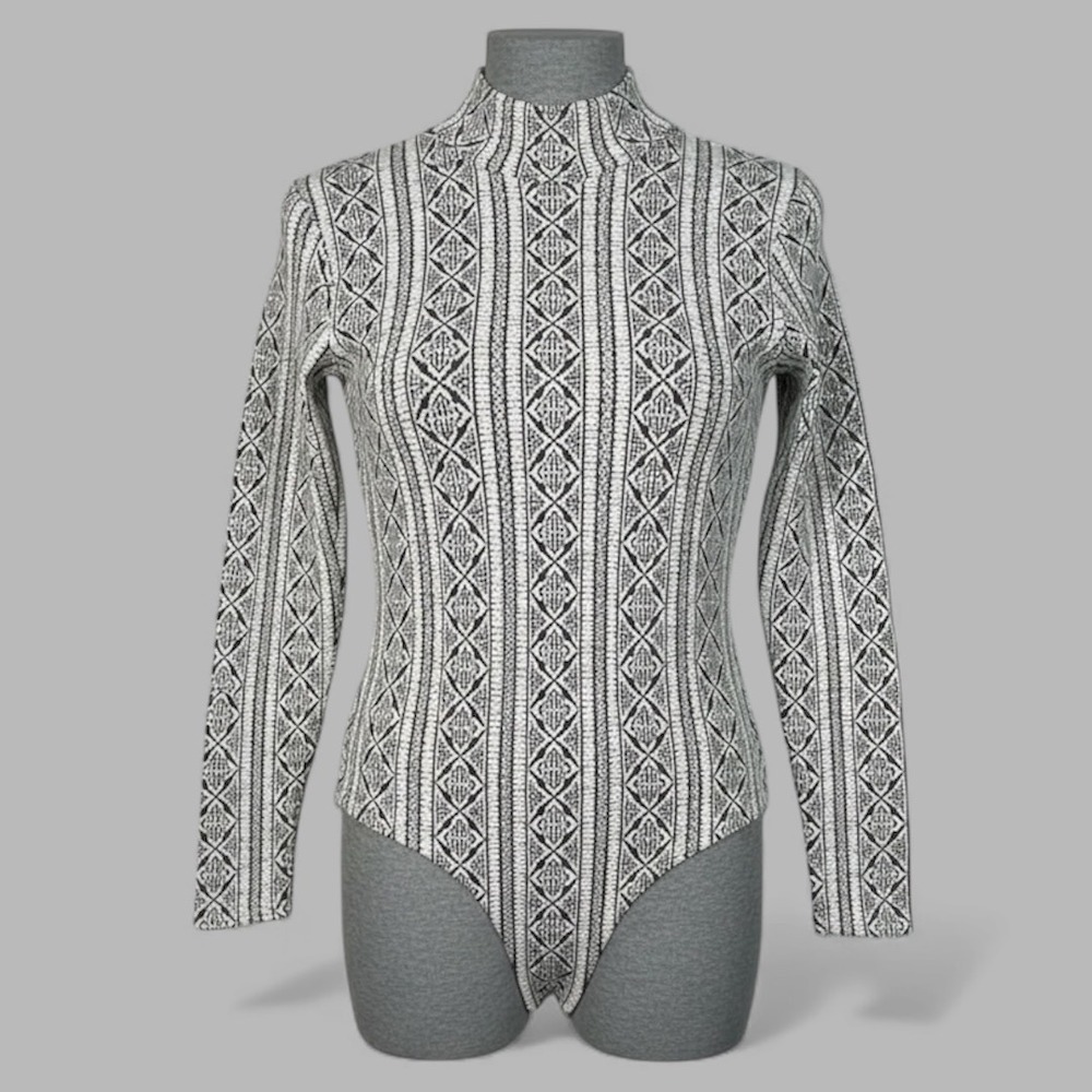 90s Black White Geometric Mock Neck Bodysuit‎ M Gothcore Indie Sleaze Print